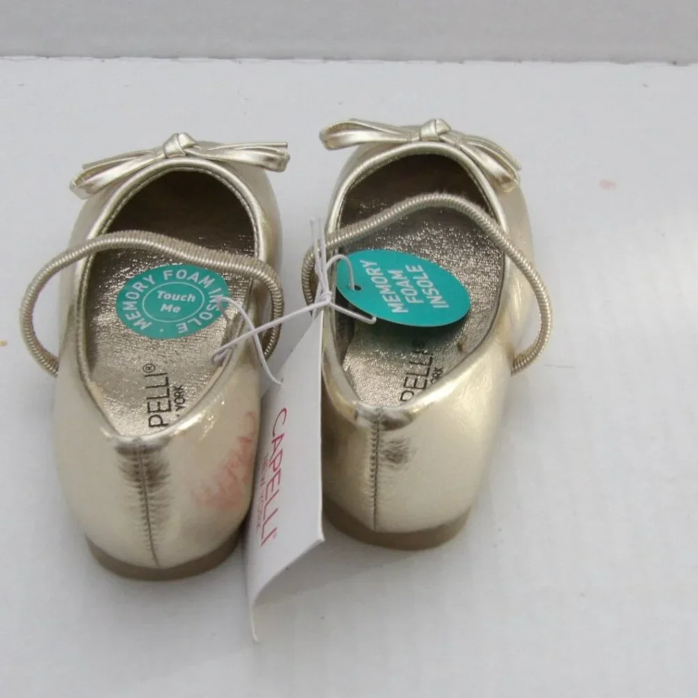 Toddler Girls Capelli Goldtone Mary Jane Style Dress Shoes w/bows, Size 5